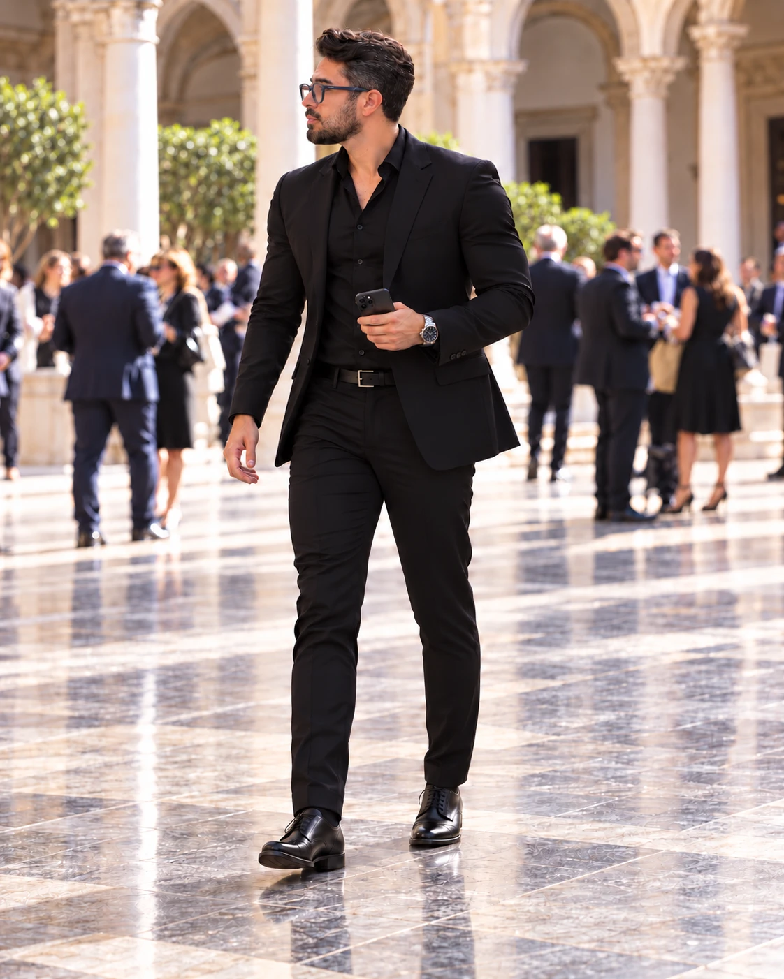 Prof. Will de terno preto, caminhando com o celular na mão